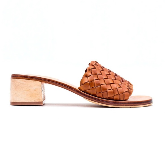 LIBERTÉ Santorini Leather Woven Cognac Mules Heeled Open Toe Sandals - Picture 4 of 14